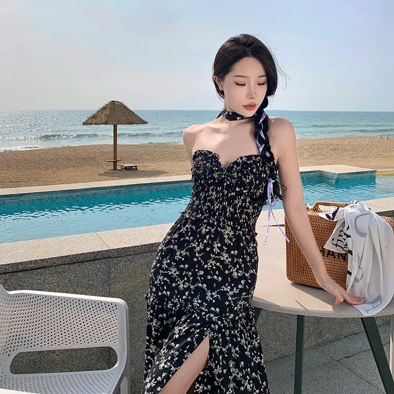 Floral  Spaghetti Strap  Black  Summer Long Skirt  with Slit  817