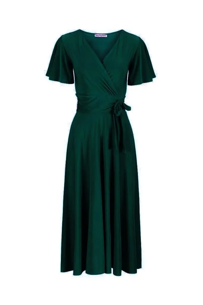 Forest Green Cap Sleeve Crossover V Neck Wrap Top Swing Dress