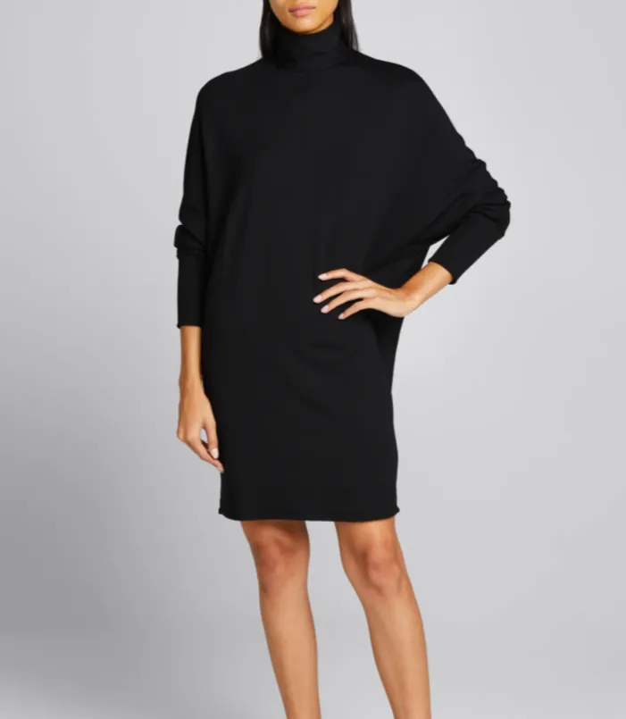 French Terry Turtleneck Dress w/ Wide Sleeve - Black