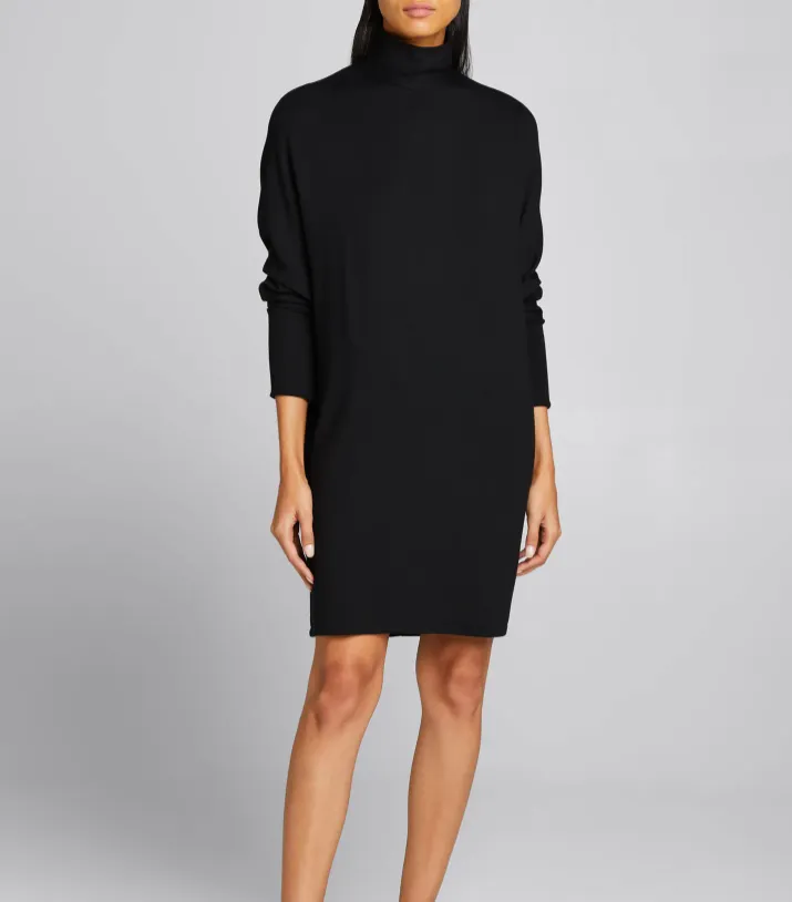 French Terry Turtleneck Dress w/ Wide Sleeve - Black