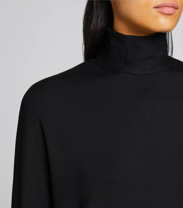 French Terry Turtleneck Dress w/ Wide Sleeve - Black