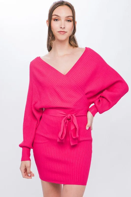 Fuchsia Off Shoulder Wrap Belted Ribbed Knit Dress