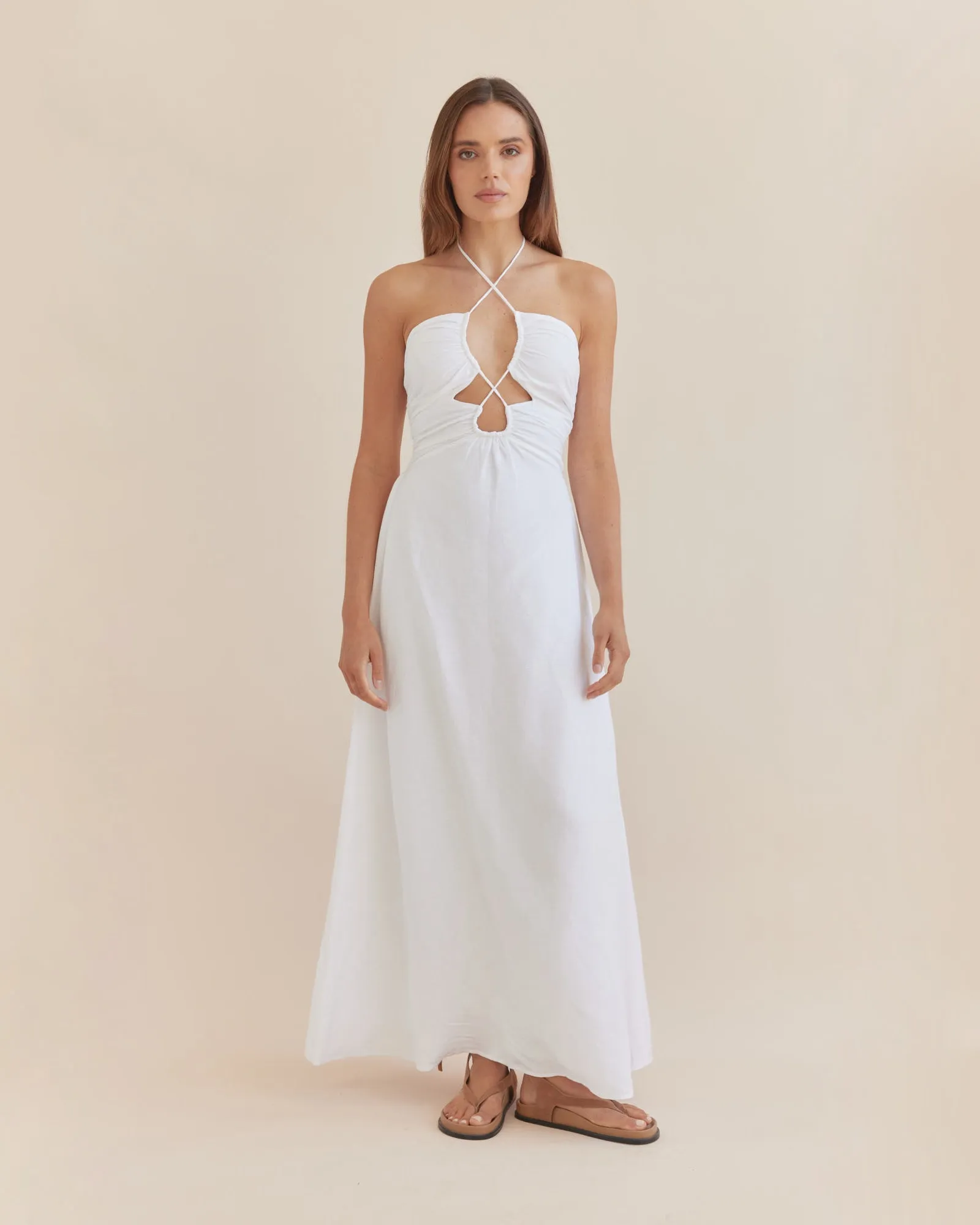 Gemma Linen Halterneck Dress - White