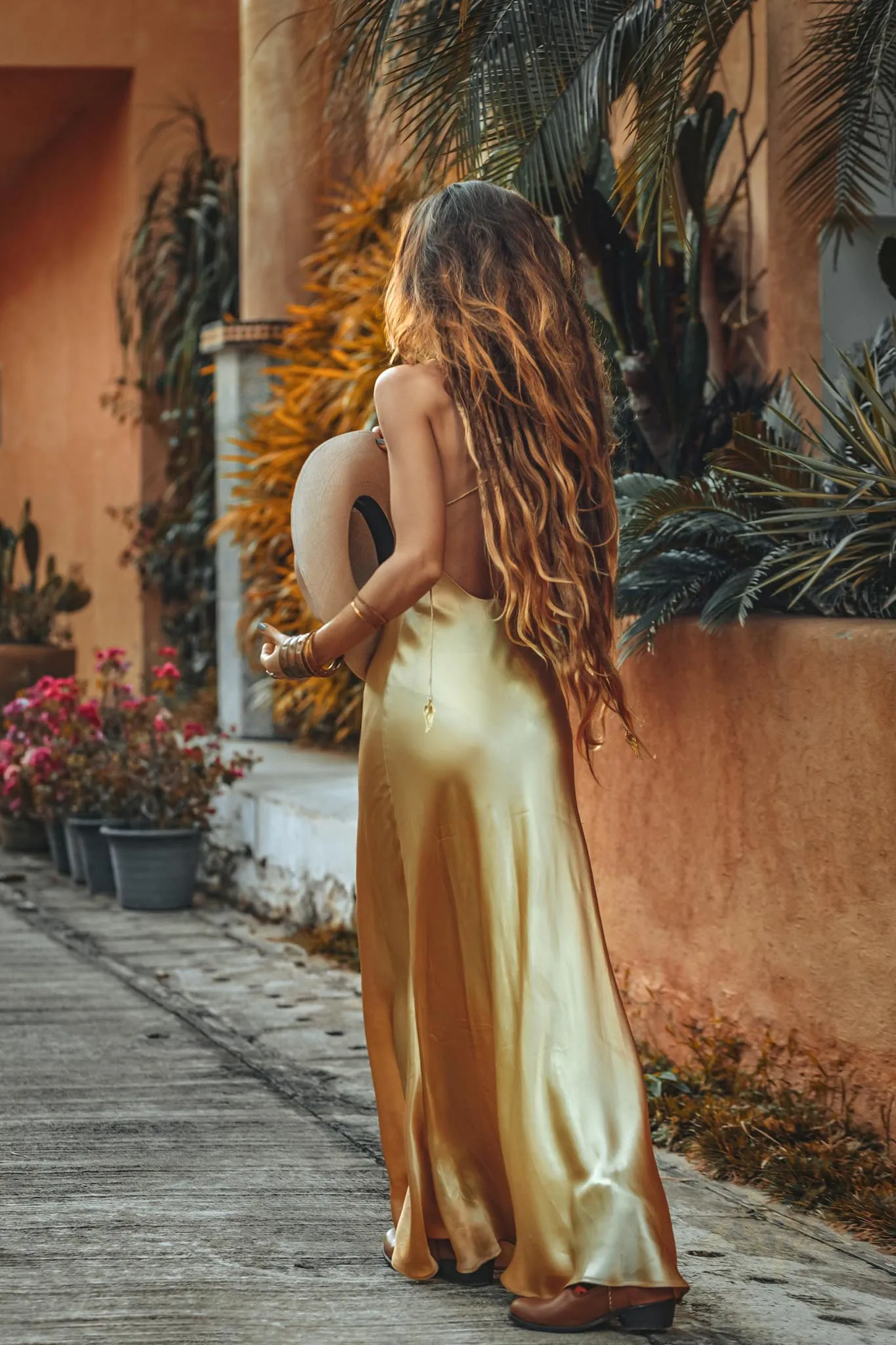 Golden Silk Slip Dress • Peace Silk Boho Dress Women • Silk Long Maxi Dress