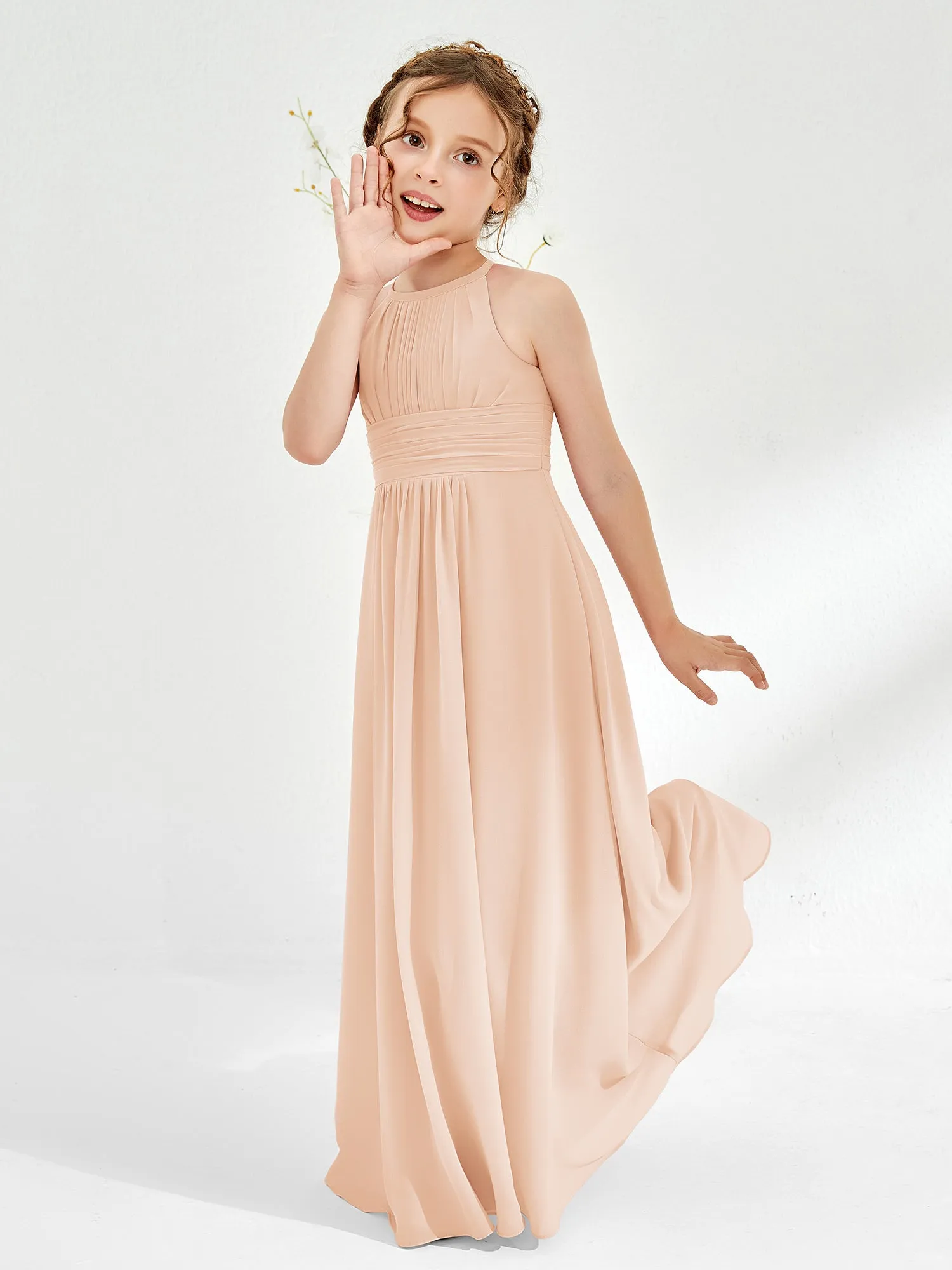 Halter Chiffon Junior Bridesmaid Dresses Pearl Pink