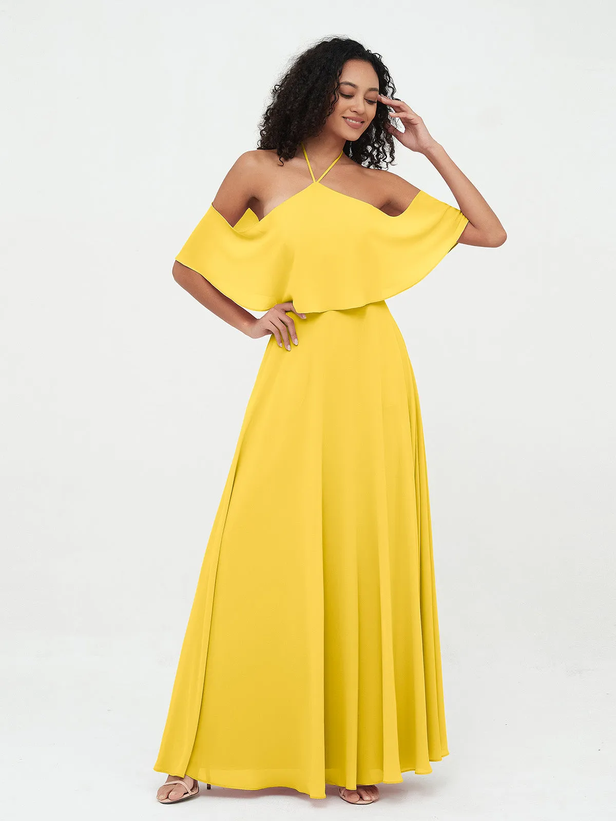 Halter Off the Shoulder Max Dresses with Pockets-Marigold Plus Size