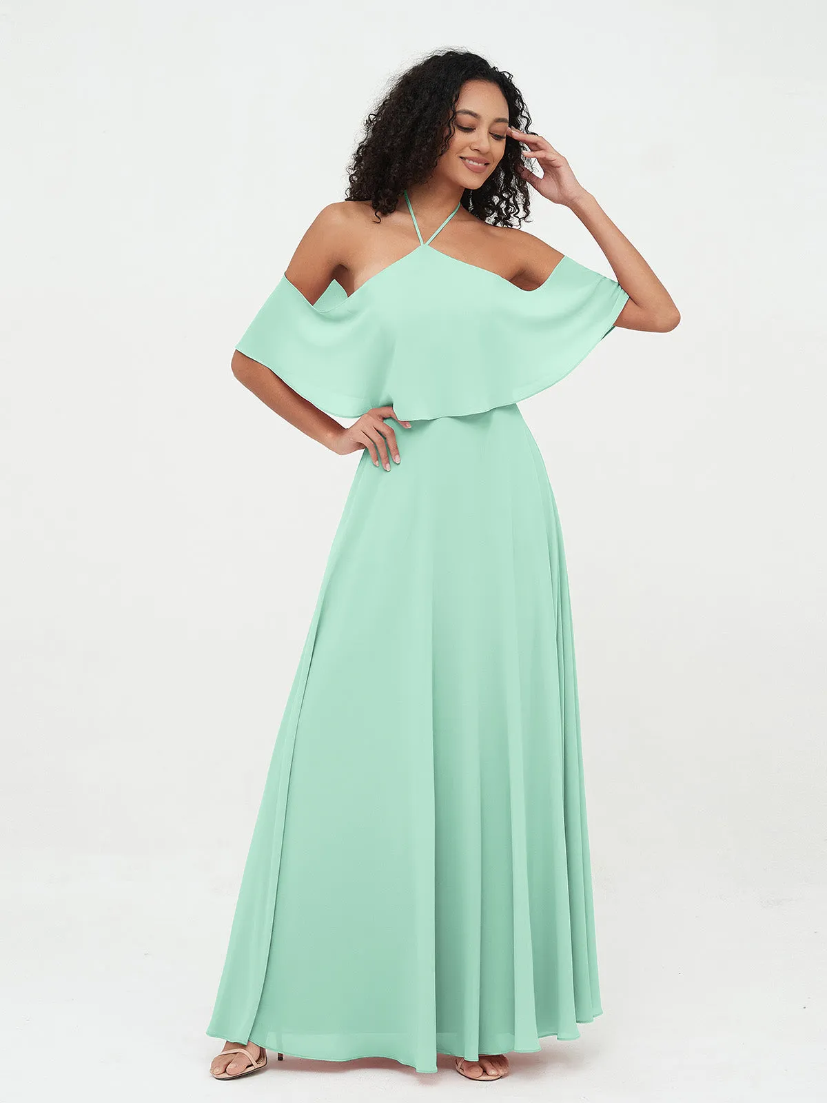 Halter Off the Shoulder Max Dresses with Pockets-Mint Green