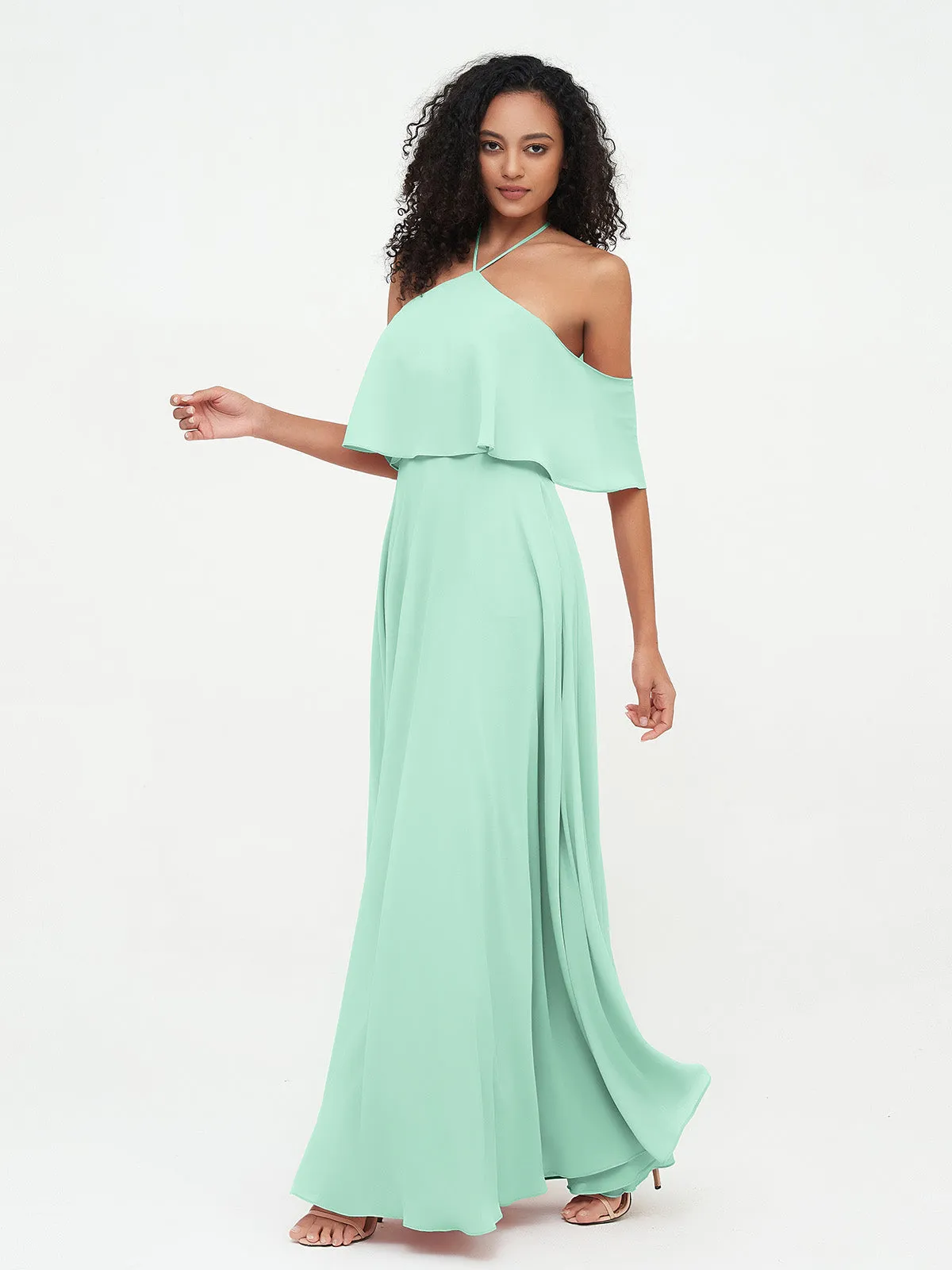 Halter Off the Shoulder Max Dresses with Pockets-Mint Green