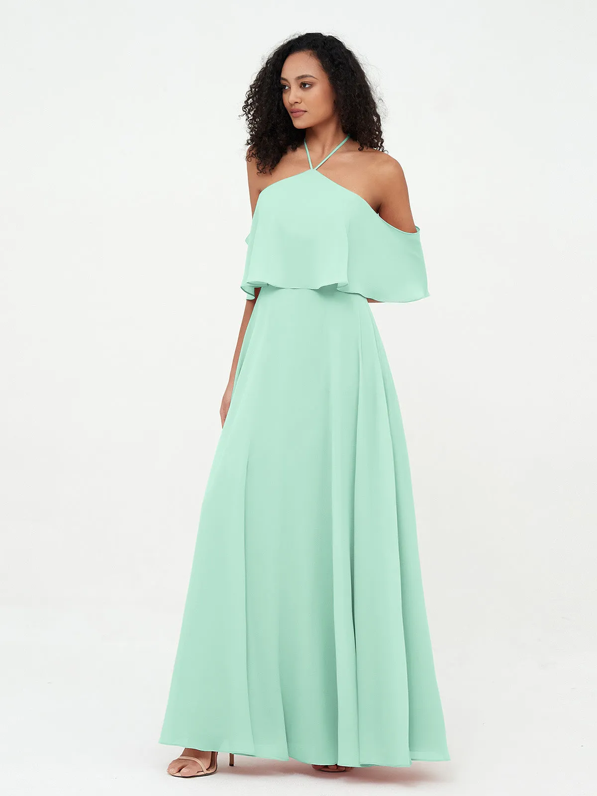 Halter Off the Shoulder Max Dresses with Pockets-Mint Green