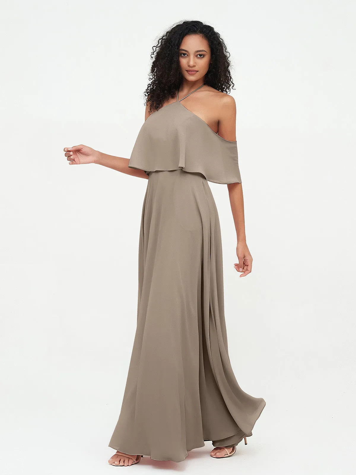 Halter Off the Shoulder Max Dresses with Pockets-Taupe