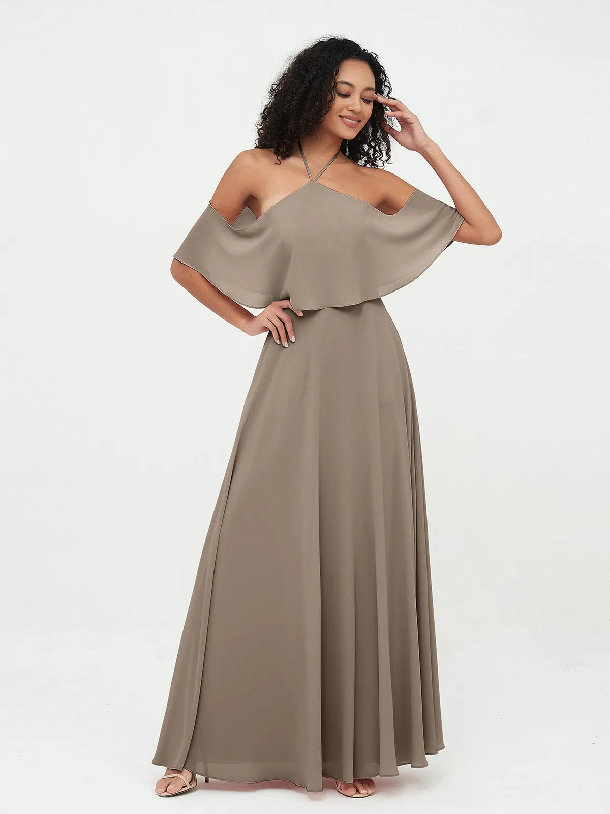 Halter Off the Shoulder Max Dresses with Pockets-Taupe