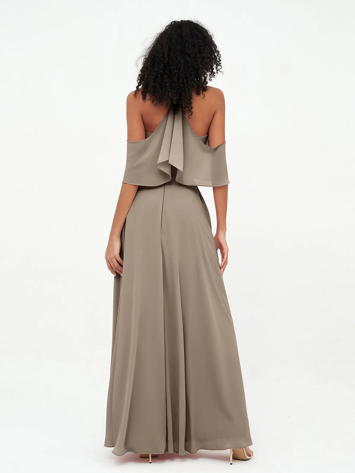 Halter Off the Shoulder Max Dresses with Pockets-Taupe