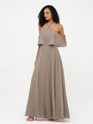 Halter Off the Shoulder Max Dresses with Pockets-Taupe