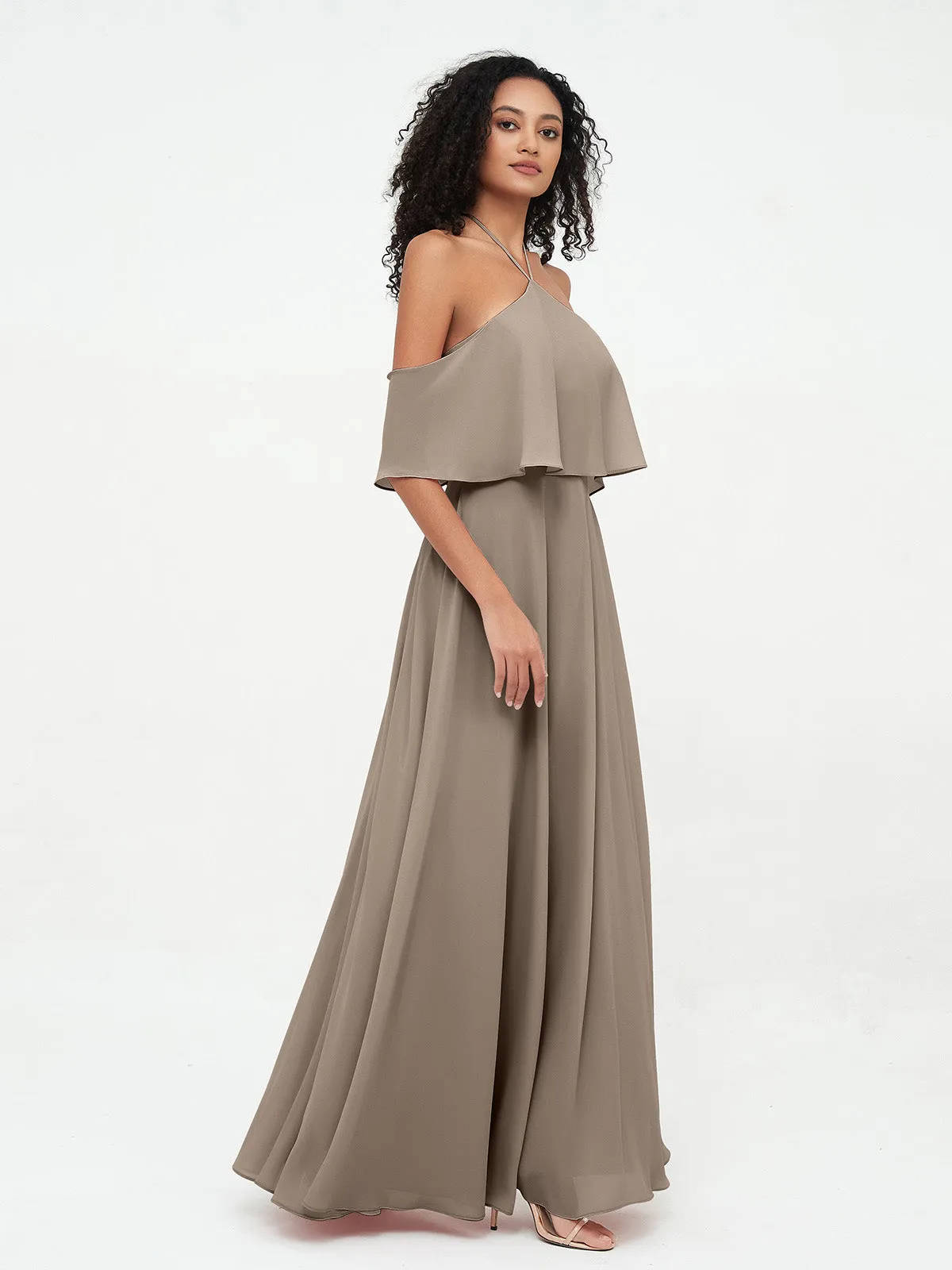 Halter Off the Shoulder Max Dresses with Pockets-Taupe