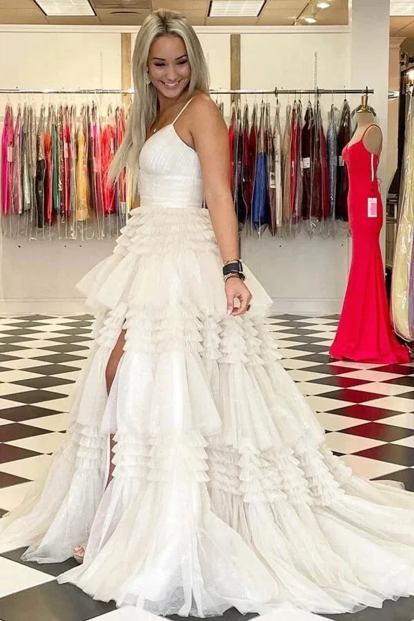 Ivory Ball Gown Tulle Spaghetti Straps V-neck Long Prom Dresses With Slit, SP896