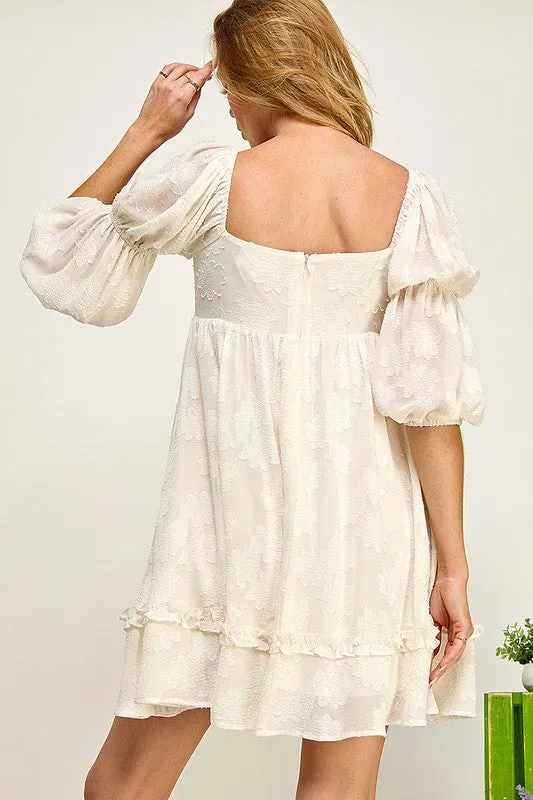 Ivory Flower Textured Tiered Peasant Sleeve Dress