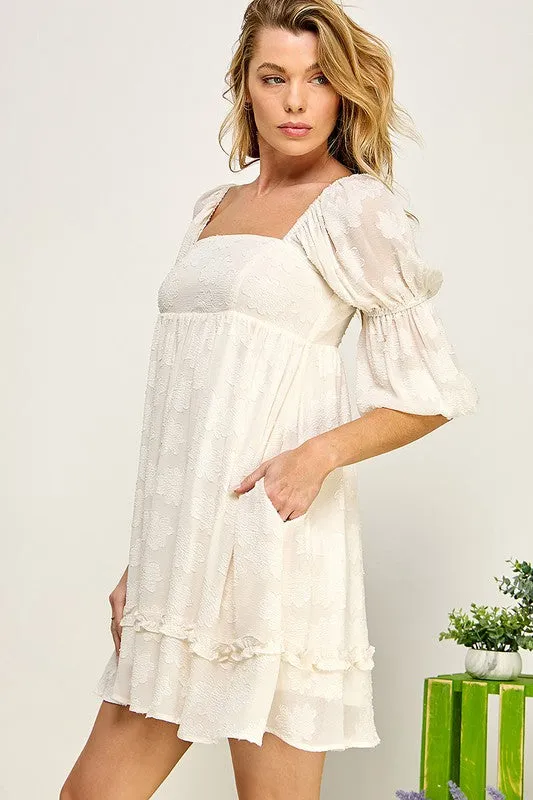 Ivory Flower Textured Tiered Peasant Sleeve Dress