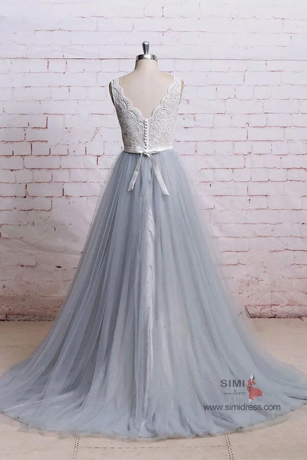 Ivory Lace Bodice Grey Tulle Skirt A-Line V-Neck Chapel Train Wedding Dresses, SW395