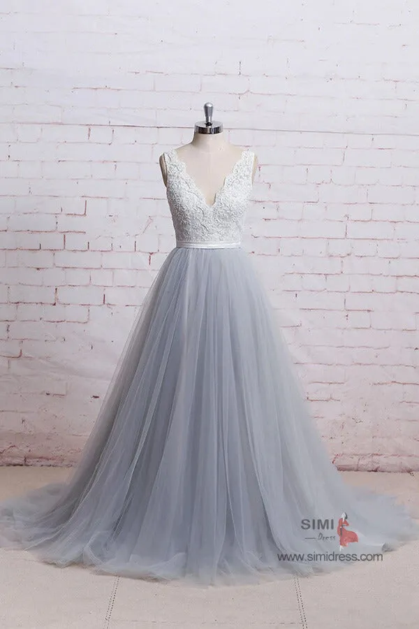 Ivory Lace Bodice Grey Tulle Skirt A-Line V-Neck Chapel Train Wedding Dresses, SW395