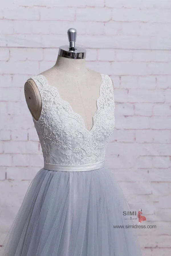 Ivory Lace Bodice Grey Tulle Skirt A-Line V-Neck Chapel Train Wedding Dresses, SW395