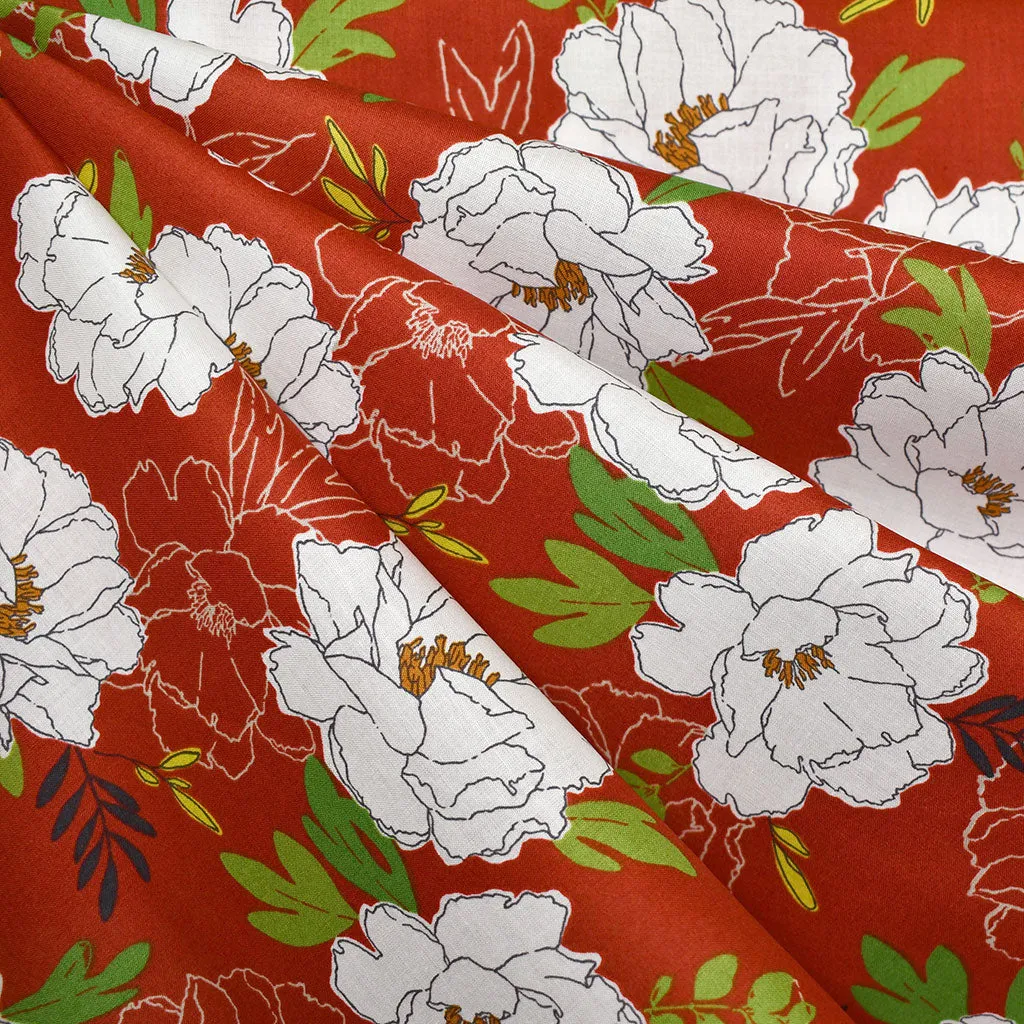 Japanese Artistic Outline Floral Organic Cotton Lawn Red