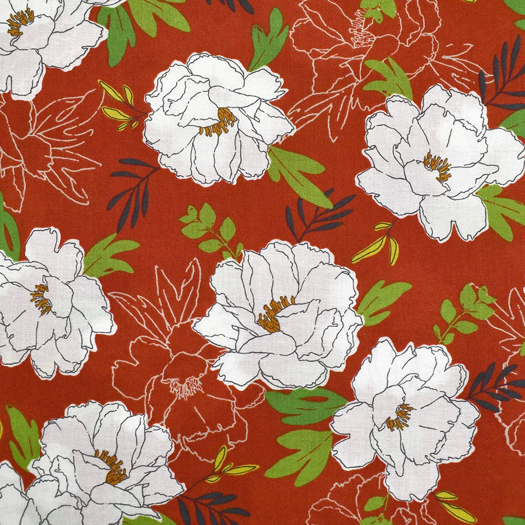 Japanese Artistic Outline Floral Organic Cotton Lawn Red