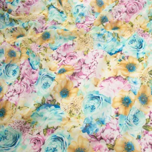 Japanese Pure Cotton Lawn Prints Design-198 Pink, Blue & Beige Flower Bloom