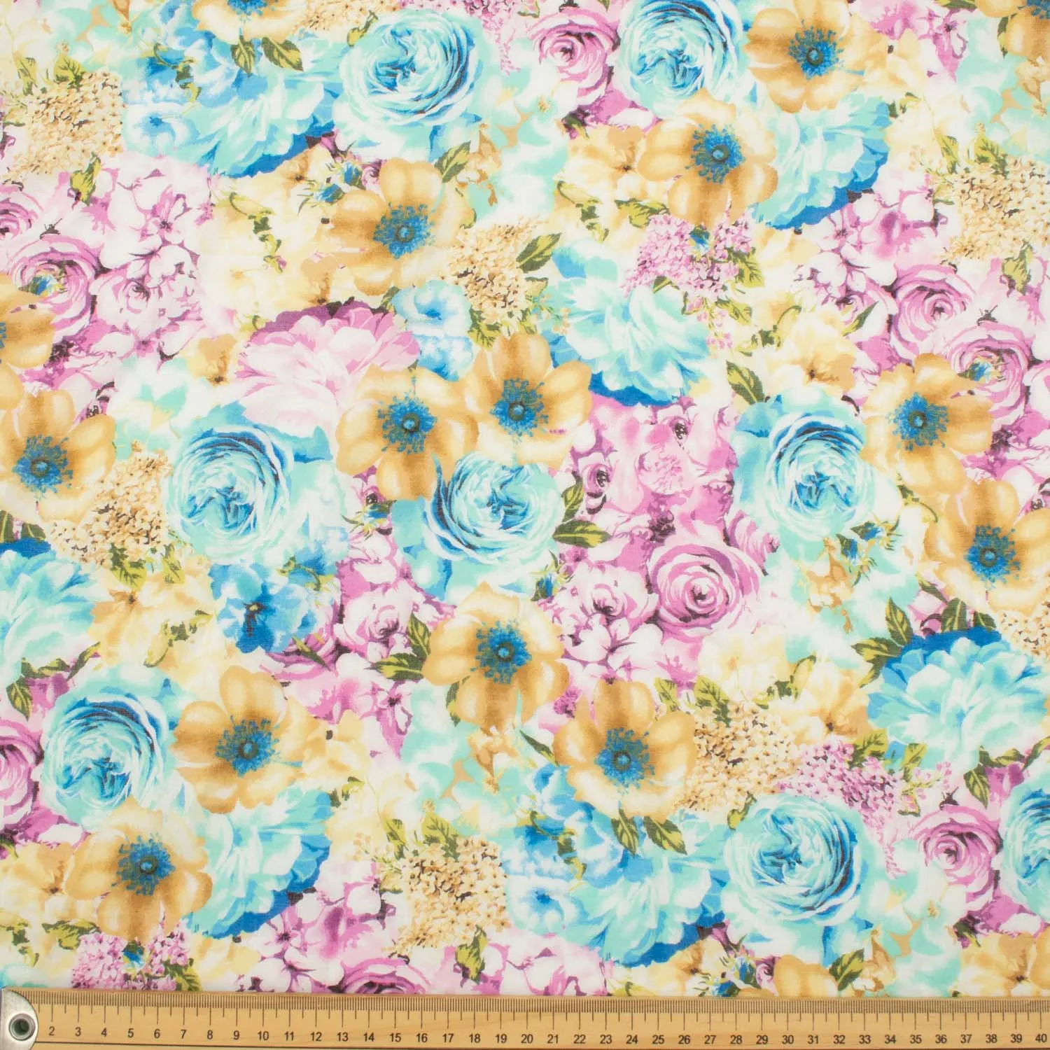 Japanese Pure Cotton Lawn Prints Design-198 Pink, Blue & Beige Flower Bloom