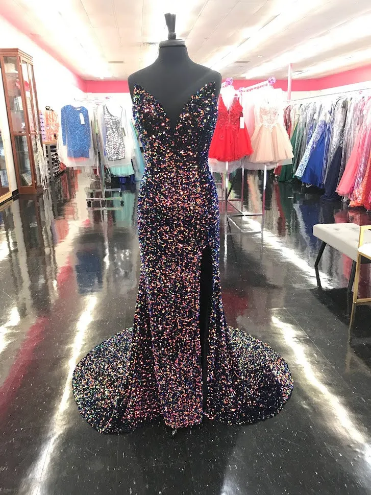 Johnathan Kayne 2529 Size 0, 4 Navy Sequin Embellished Velvet Formal Pageant Dress Slit V Neck Train