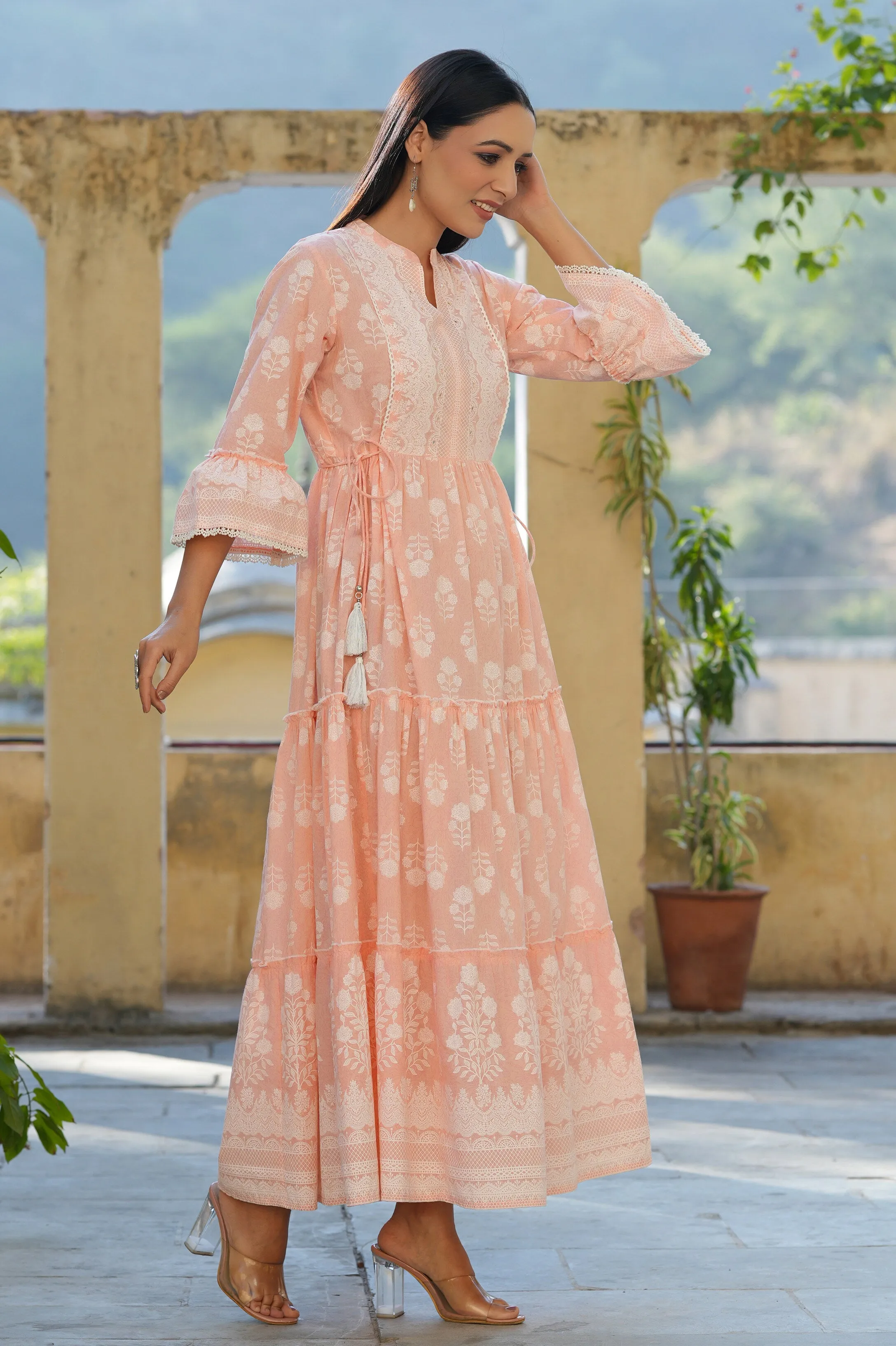 Juniper Peach Ethnic Motif Printed Pure Cotton Tiered Maxi Dress With Sequins Work