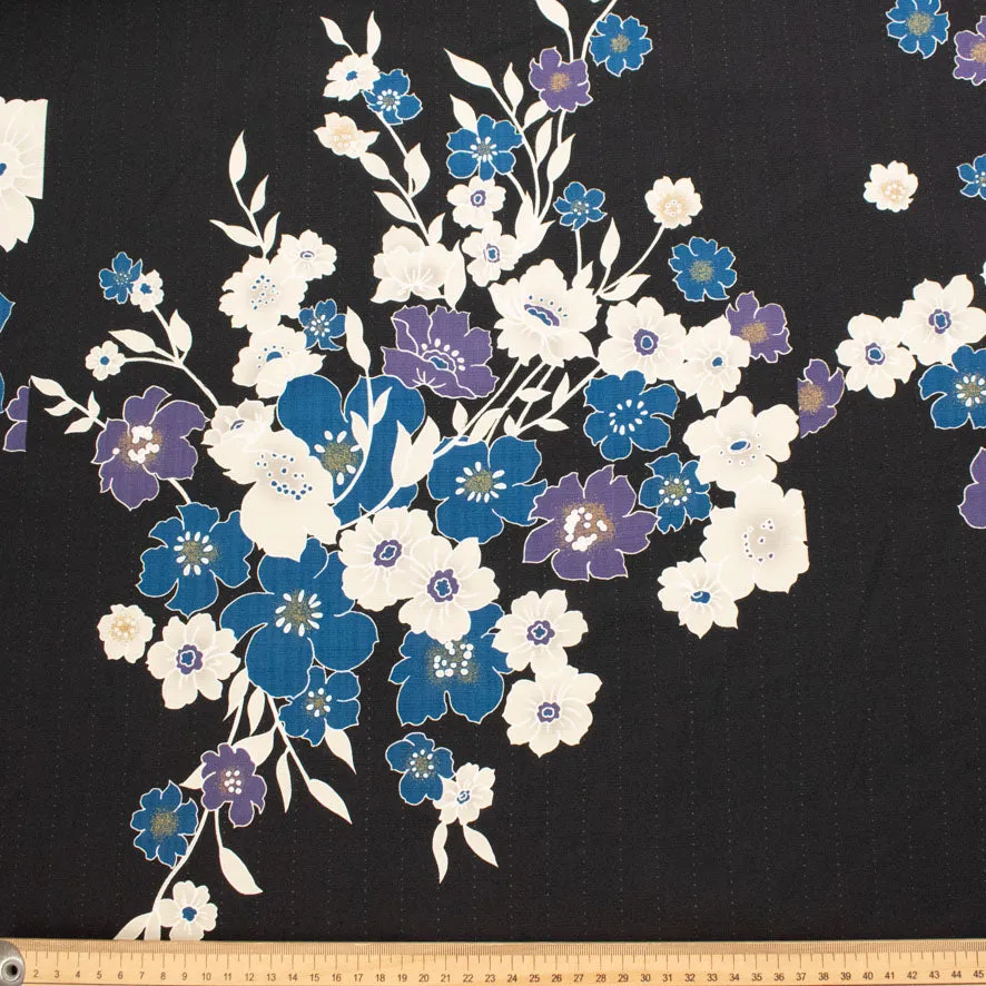 Kimono White & Blue Florals on Black Printed Linen Look Crepe