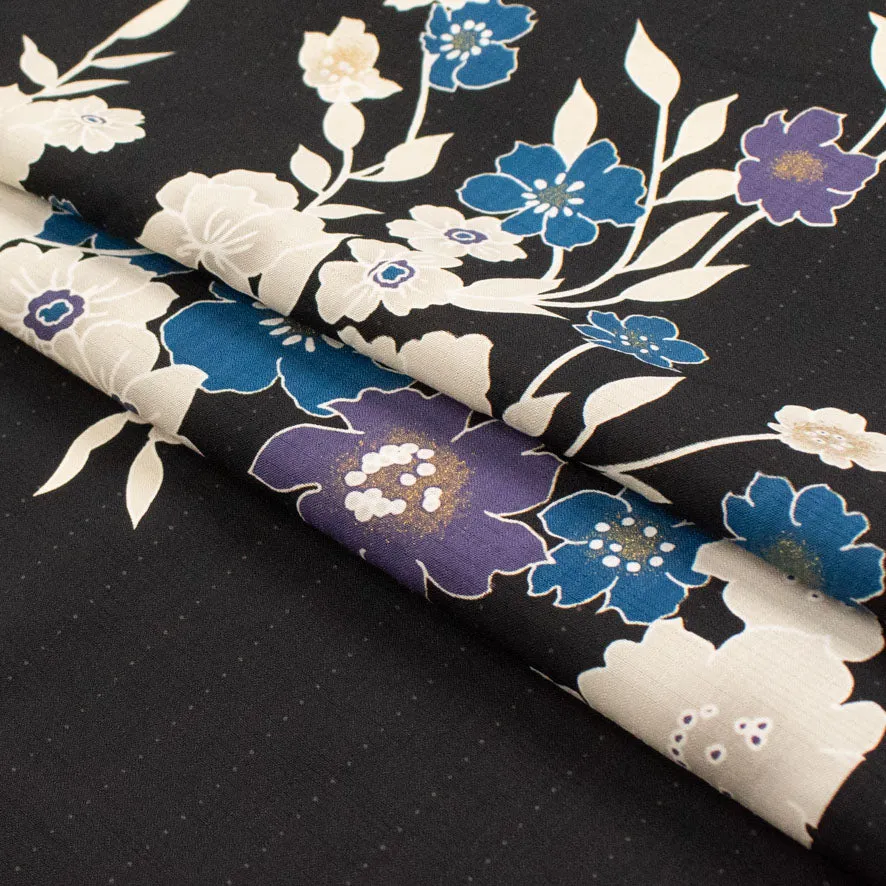 Kimono White & Blue Florals on Black Printed Linen Look Crepe