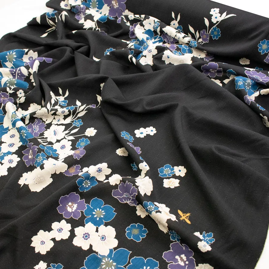 Kimono White & Blue Florals on Black Printed Linen Look Crepe