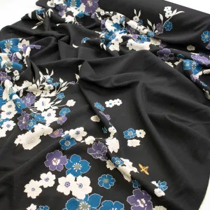 Kimono White & Blue Florals on Black Printed Linen Look Crepe