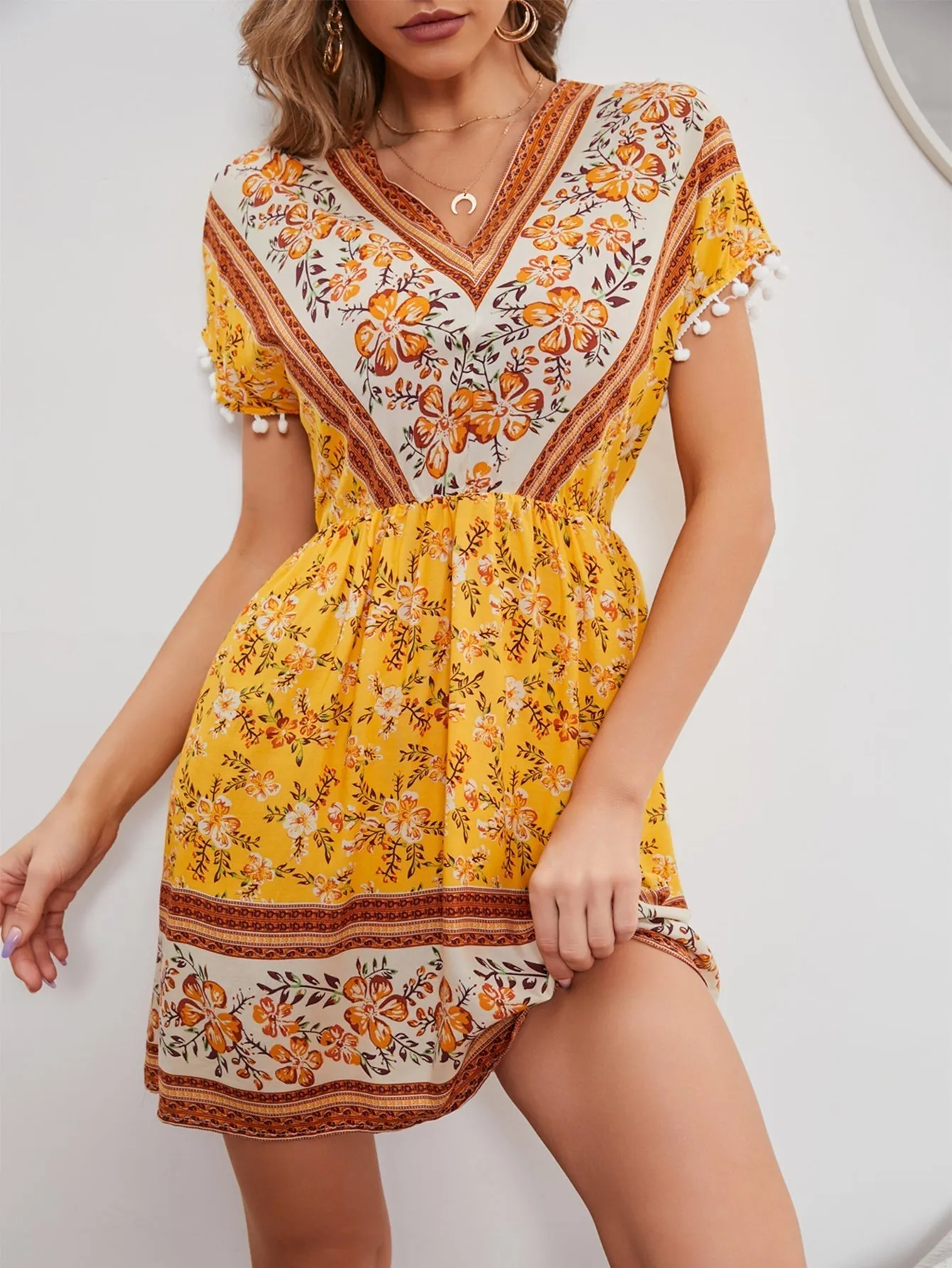 KittenAlarm - Boho Print Elastic Waist Dress with Pompom Decor