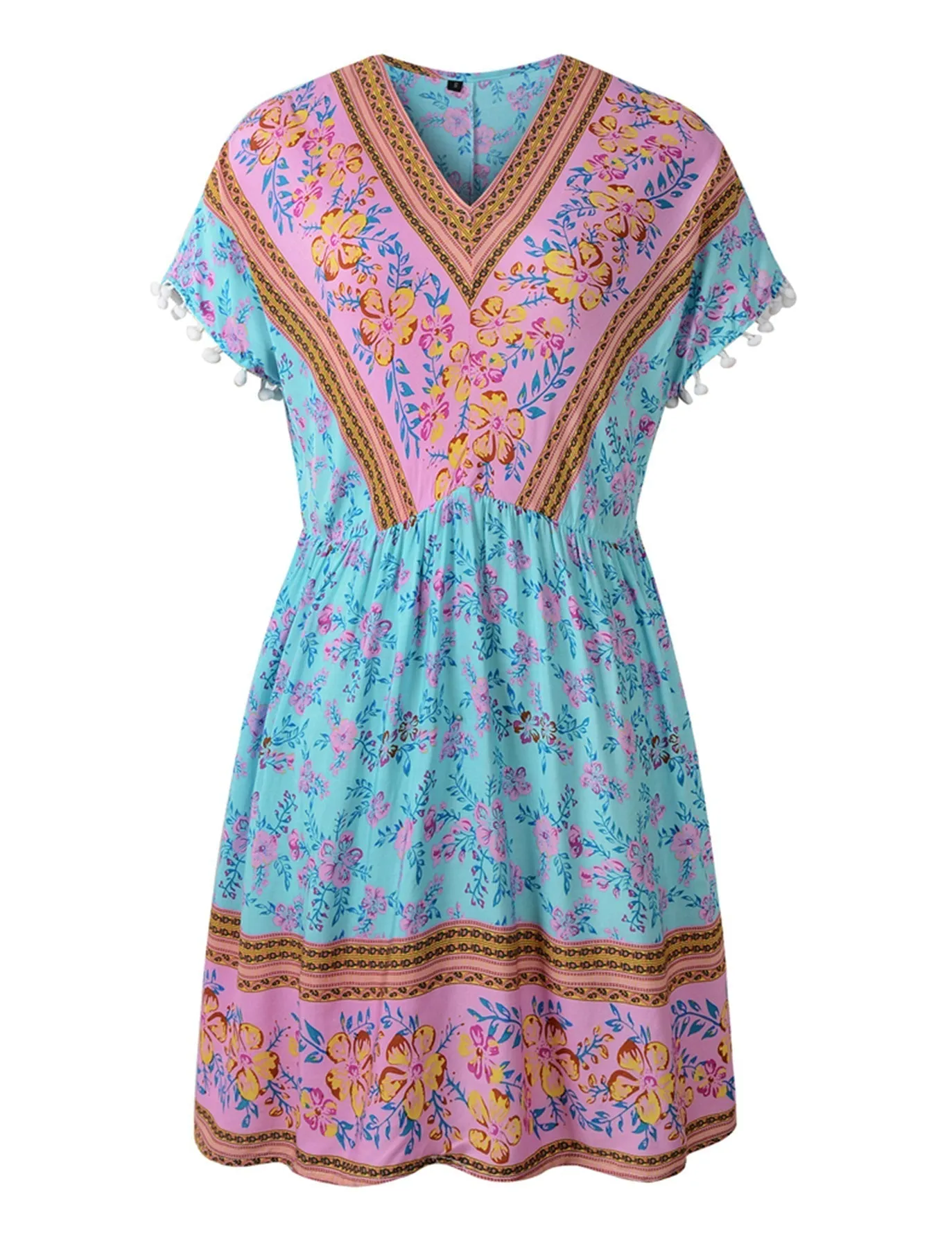 KittenAlarm - Boho Print Elastic Waist Dress with Pompom Decor