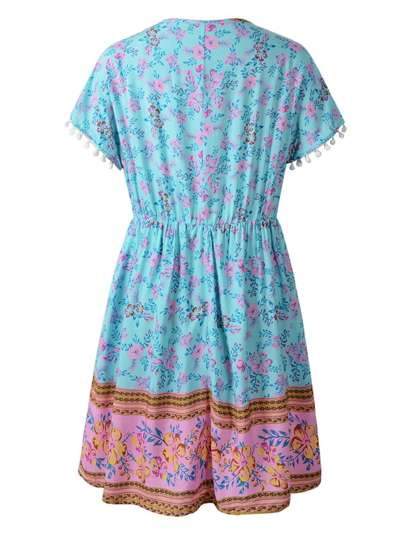 KittenAlarm - Boho Print Elastic Waist Dress with Pompom Decor