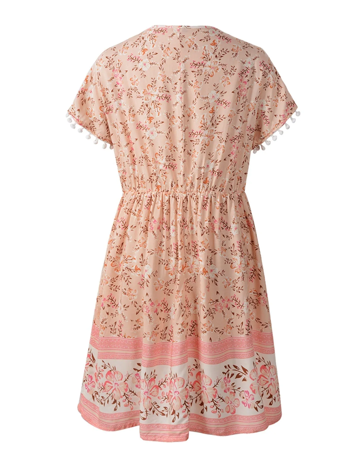 KittenAlarm - Boho Print Elastic Waist Dress with Pompom Decor