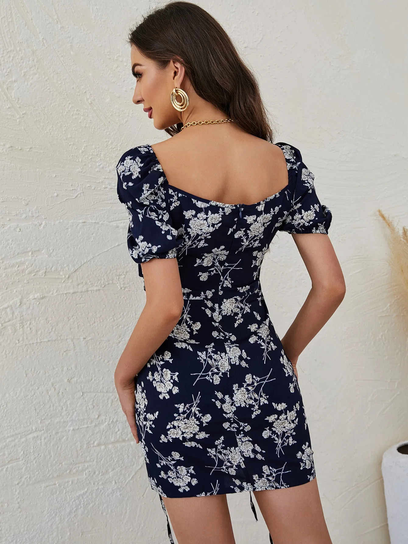 KittenAlarm - Floral Cut Out Waist Ruched Dress