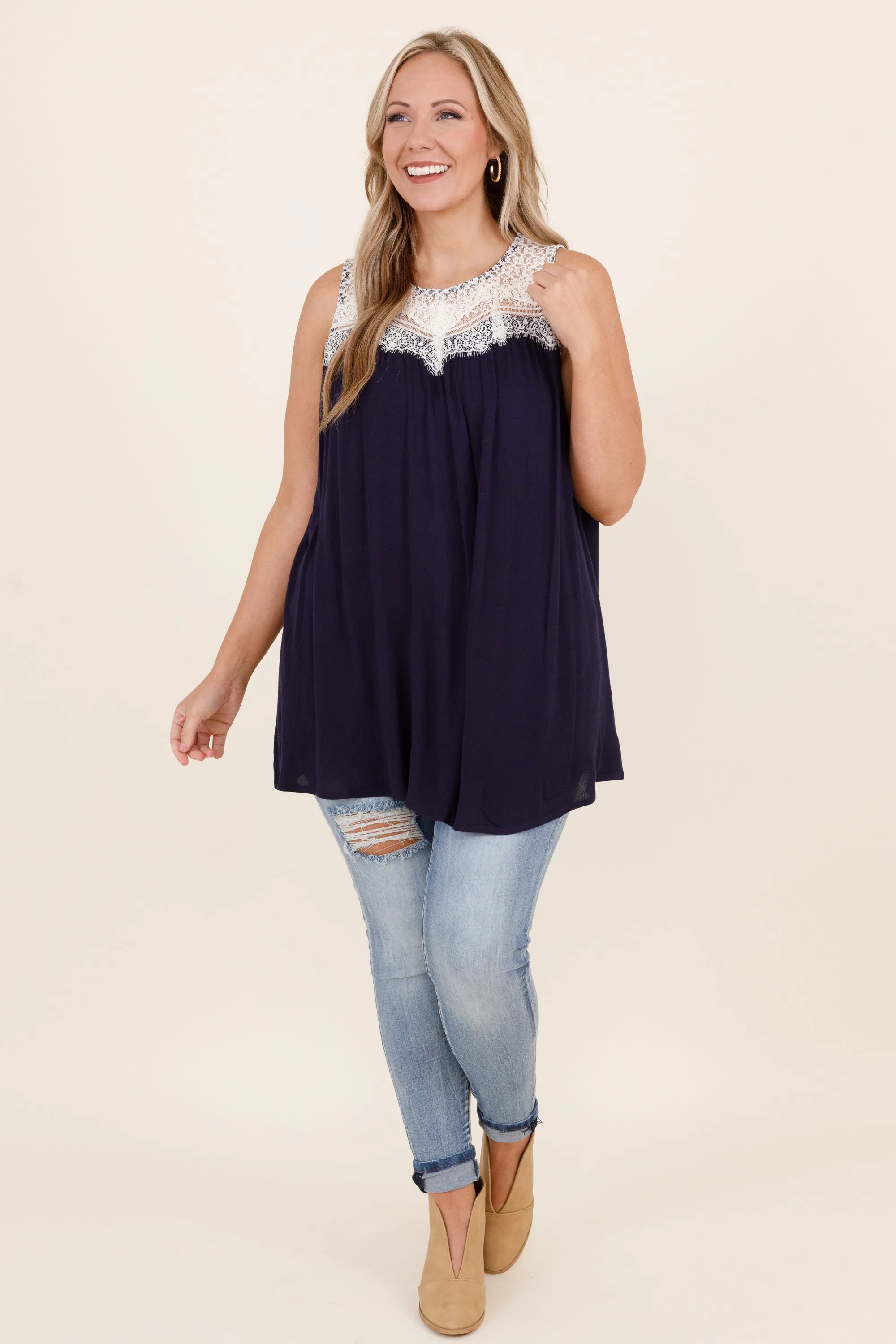 Lace With Love Top, Navy