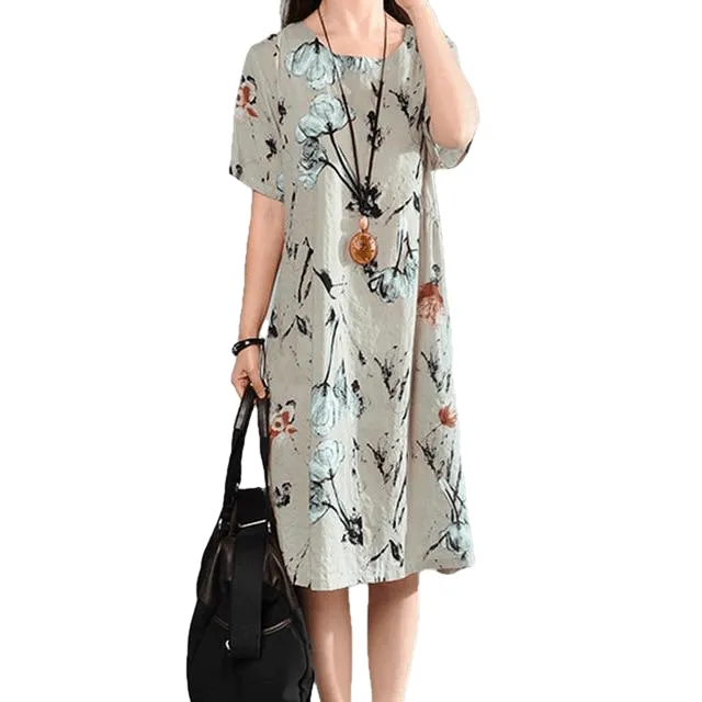 Ladies Short Sleeve Casual Floral Linen Midi Dresses