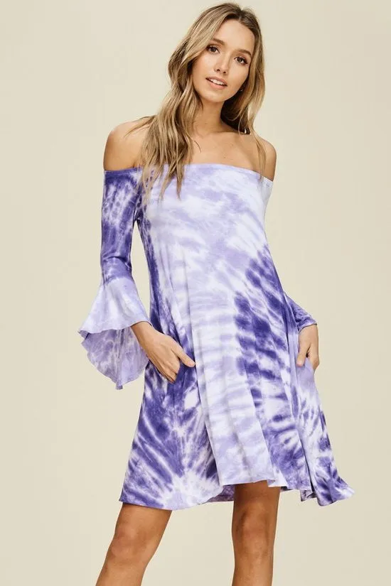 Lavender  Off Shoulder Bell Sleeve Dress with Pockets