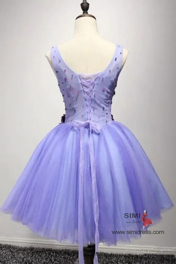 Lavender Tulle A-line Short Homecoming Dresses With Flower Appliques, SH579