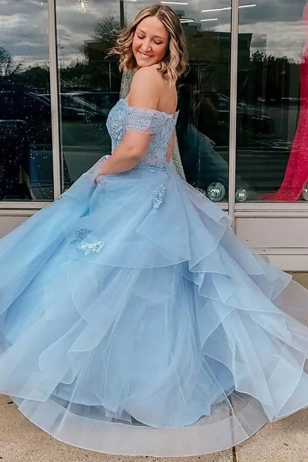 Light Blue A-line Tulle Off Shoulder Long Prom Dresses, Evening Gowns, SP937