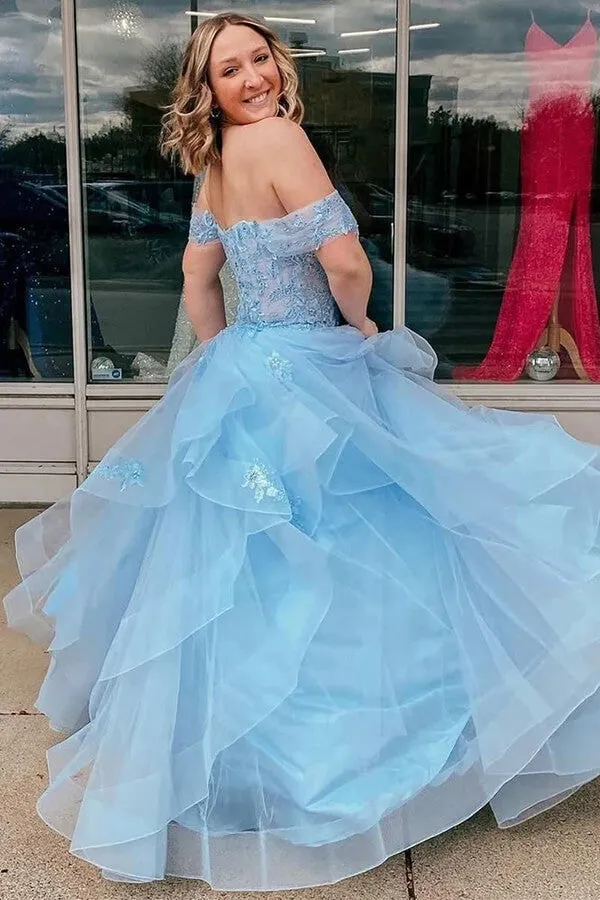 Light Blue A-line Tulle Off Shoulder Long Prom Dresses, Evening Gowns, SP937