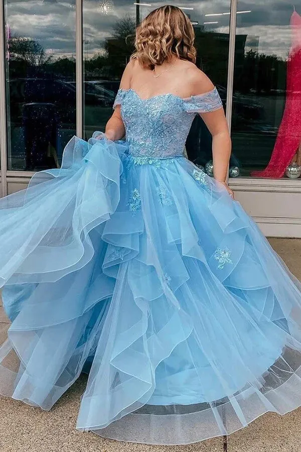 Light Blue A-line Tulle Off Shoulder Long Prom Dresses, Evening Gowns, SP937