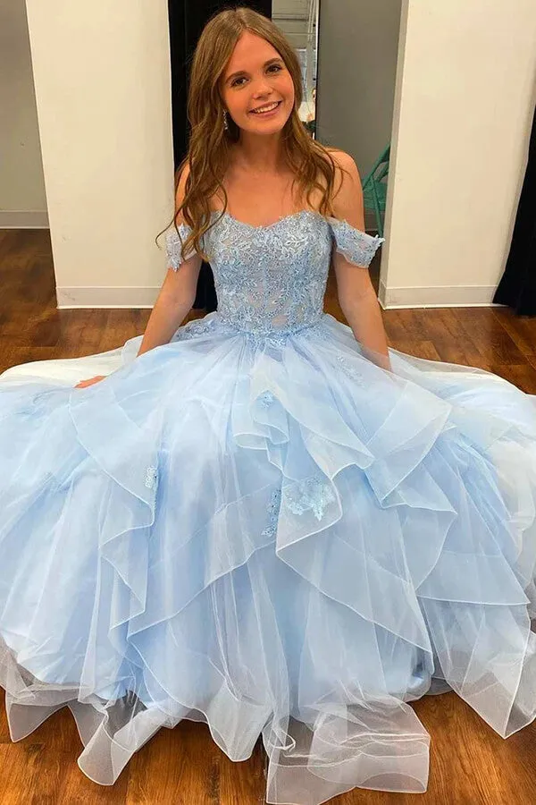 Light Blue A-line Tulle Off Shoulder Long Prom Dresses, Evening Gowns, SP937