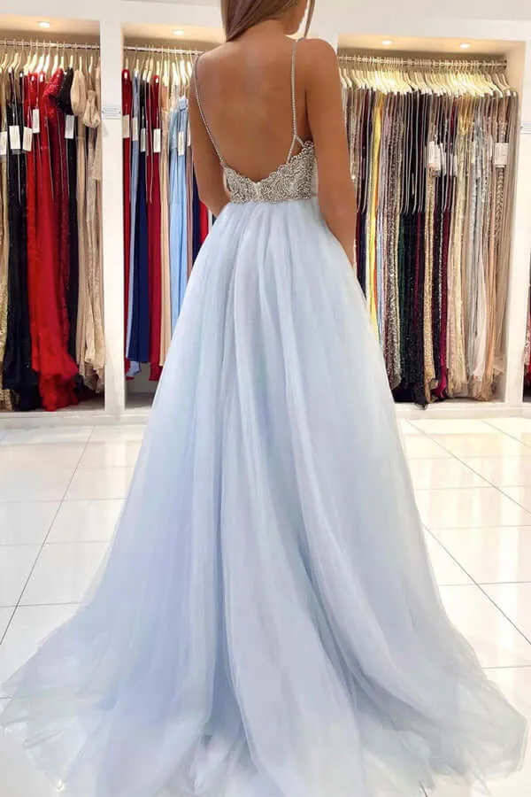 Light Blue Tulle A-line V-neck Backless Long Prom Dresses, Evening Gown, SP781