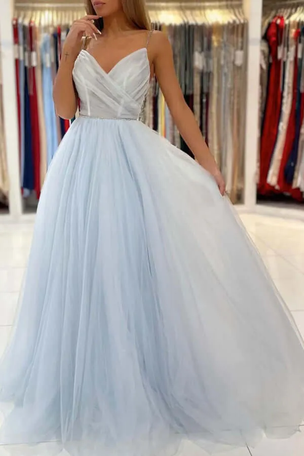 Light Blue Tulle A-line V-neck Backless Long Prom Dresses, Evening Gown, SP781