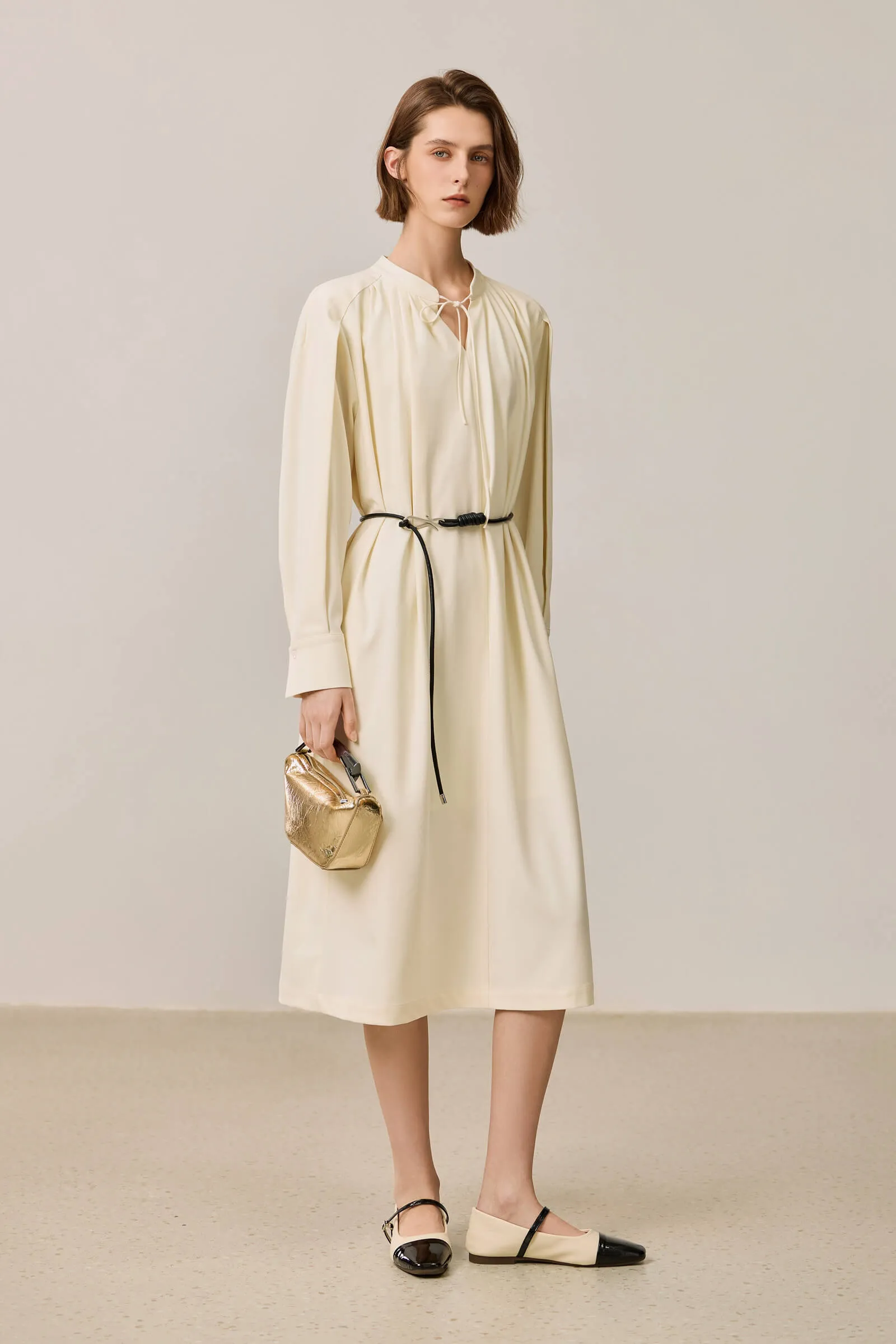 LILY Elegant V-Neck Tie-Neck Long Sleeve Dress